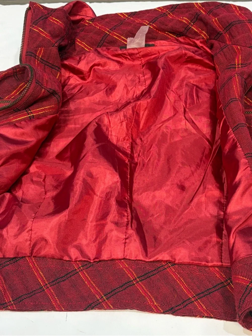 Feline Red Gold Plaid Cropped Full Zip Jacket Detachable Hood Junior Size Large - Picture 13 of 16